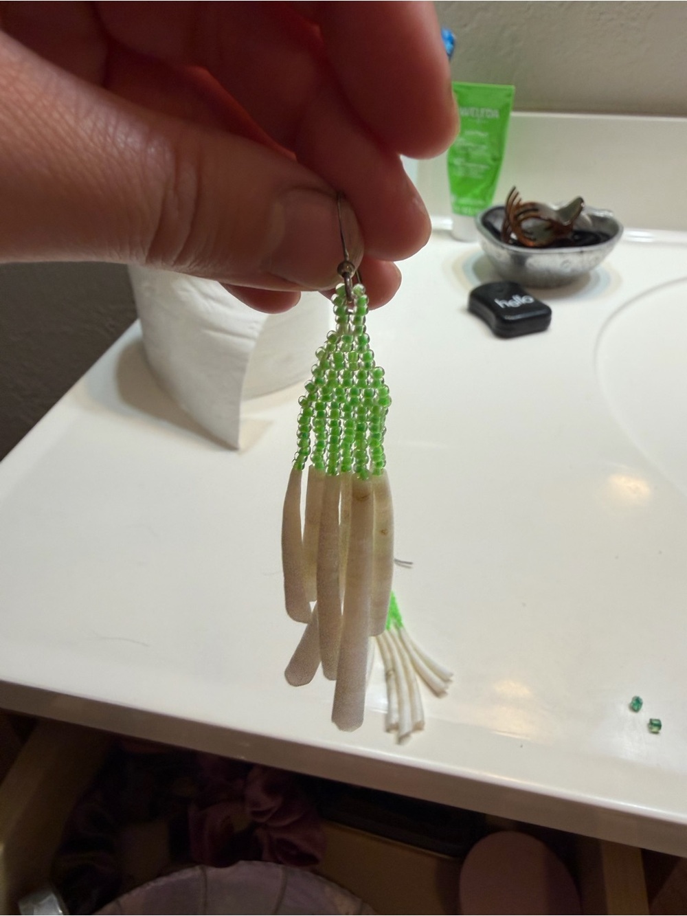 Green Beaded Fringe Shell Earrings